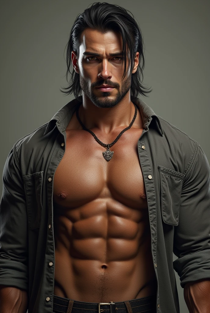 Generates an image of a 2 man with amber-colored eyes, straight dark hair, and a slight beard on his chin. Give him a wide and muscular mesomorph body, with a robust torso and strong limbs. The man is wearing a shirt, showing off his muscular chest and abdomen. Keep the background neutral so that the focus is on the subject.