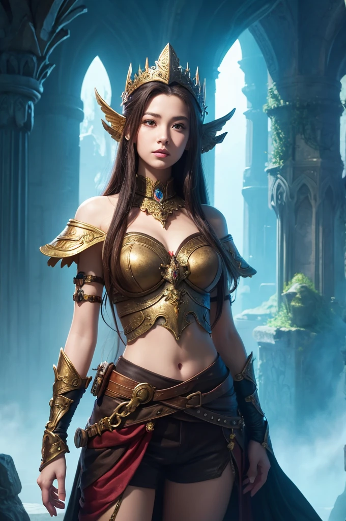 Create a detailed illustration of a fierce female warrior. She wears a headband adorned with intricate decorations, featuring a glowing red gem at its center. (Her shoulder guards have short), thick horns at their tips, surrounded by numerous bumps and ridges of various sizes. Her chest armor is shaped like a bikini but has a rugged, crustacean-like texture. She also wears matching gauntlets on her arms. A black cape flows behind her. Her eyes are sharp and filled with hostility. Her hair stands on end like a lion's mane, colored yellow with a streak of red running through the center, resembling flames.