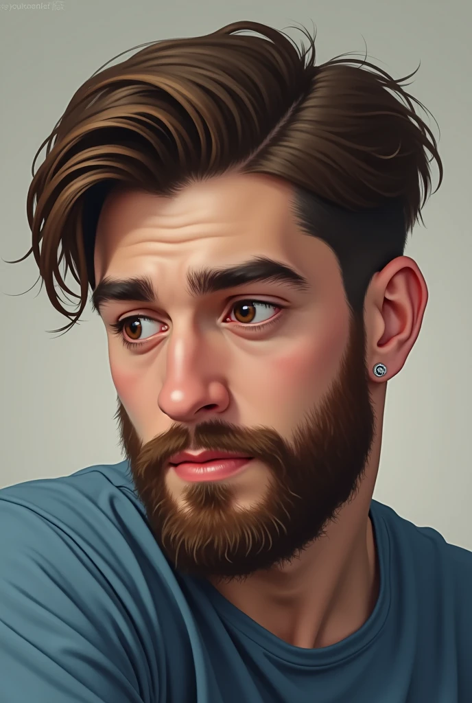 A young white man with a round face, bearded man with full eyebrows , brown downcast eyes, and straight hair with a gradient cut to the front. wearing a blue outfit. 1 wearing an earring in her left ear.