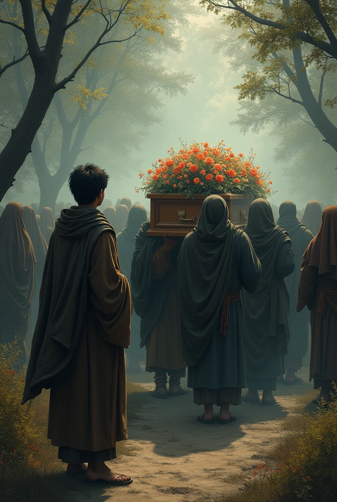 Describe the moment when Siddhartha witnesses a funeral procession and sees a .
Highlight your understanding of mortality and the impermanence of life, leading to a deep feeling of sadness and contemplation.