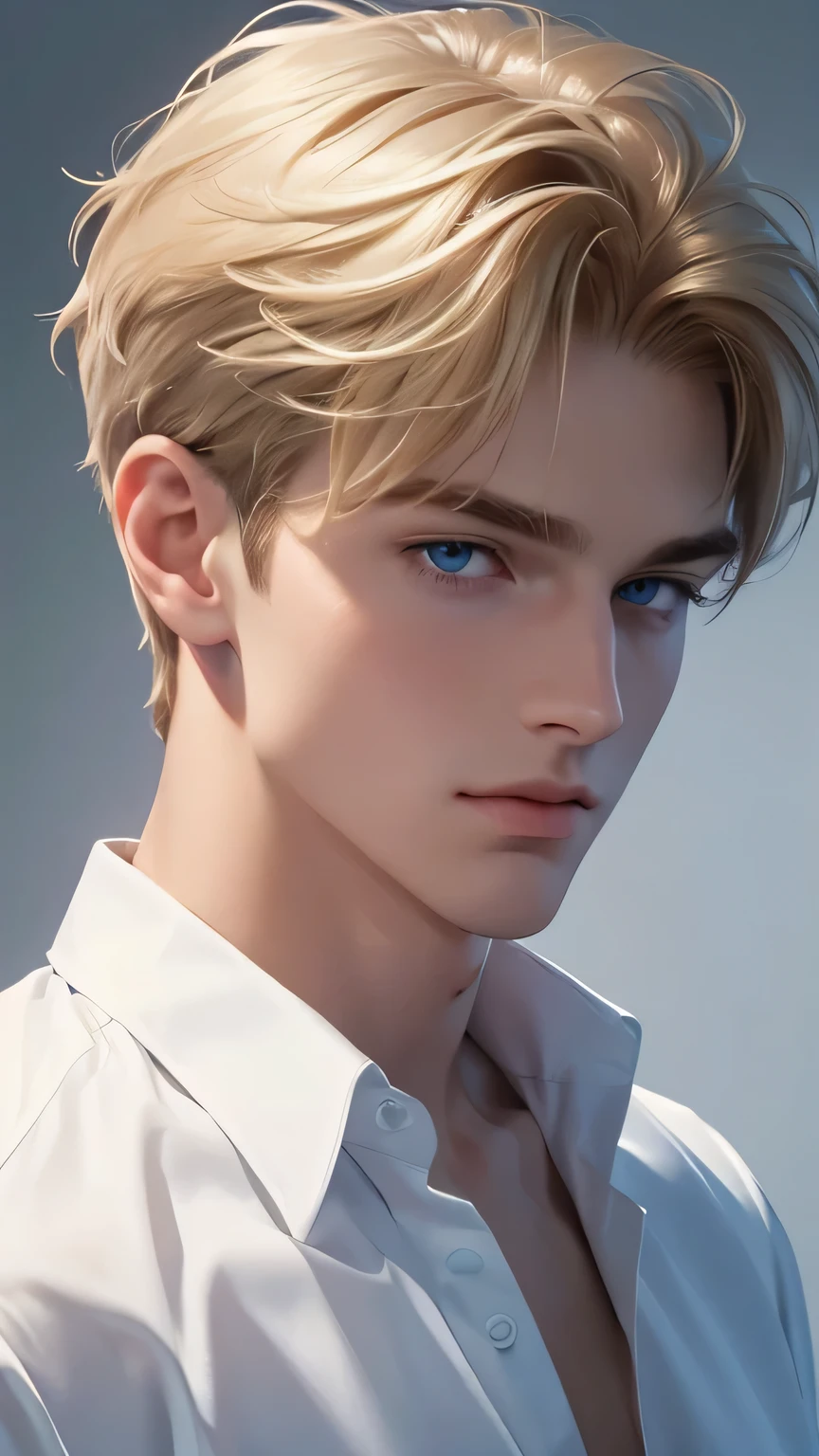 8k quality, high resolution, best quality, masterpiece, perfect lighting, ((handsome man)), 1male, perfect male figure, Short hair details, lithe body, wearing a white shirt, {{{detailed high quality face}}}, {{upper body portrait}}, ((soft features)), (delicate eyes),blonde tousled/messy hair, blue eyes, 