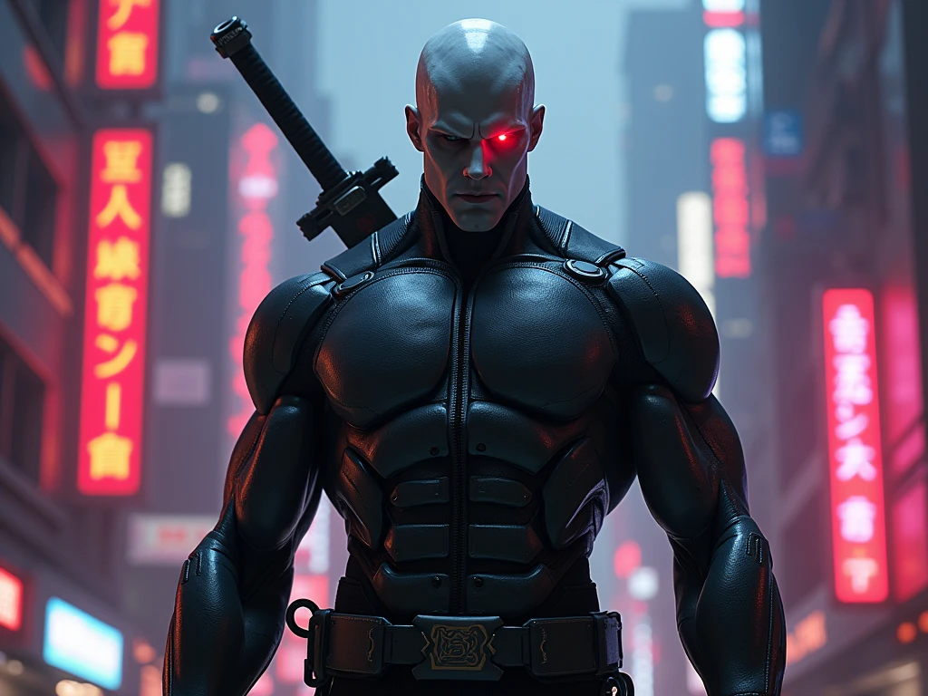 "A tall, muscular figure standing in the shadows of a neon-lit cyberpunk city. He has pale, almost metallic skin, enhanced by biotechnology, and a striking contrast between his eyes: one glowing red cybernetic eye and one intense human eye. He wears a sleek, form-fitting black combat suit made of advanced nanotechnology, with steel-like scales across his chest that shimmer under the light. On his back, a high-tech katana with a vibrating blade, designed to cut through metal effortlessly. The atmosphere around him is tense, with the faint glow of neon signs reflecting off his metallic features, giving him an eerie, otherworldly presence."
This should capture the look and feel of the "Vento de Aço" within the cyberpunk universe.