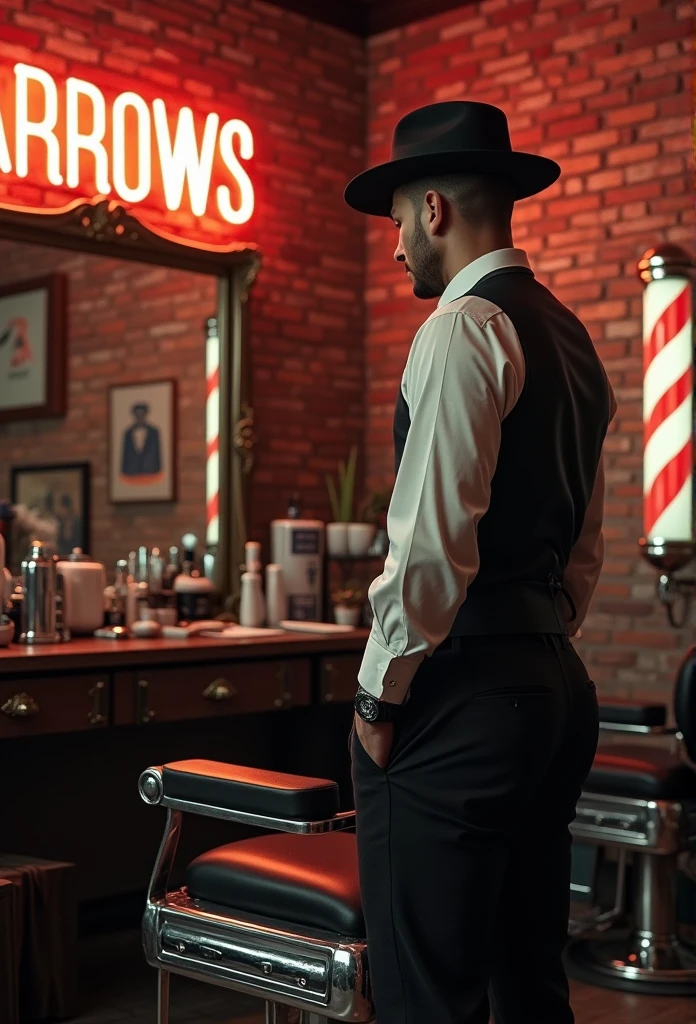 BARBERSHOP IN NEW YORK, There is a big mirror on the wall, Retro barber chair, ((Antique barber chair)), Realなイメージ, window, Retro hair clipper, Clear images, Faded red brick wall, (「ARROWS」A neon sign with capital letters), (Illuminated barber pole), （Male barber, lean body, suit, Wear a black hat）, Highest quality, masterpiece, Ultra-high resolution,(Real:1.4), Original photo