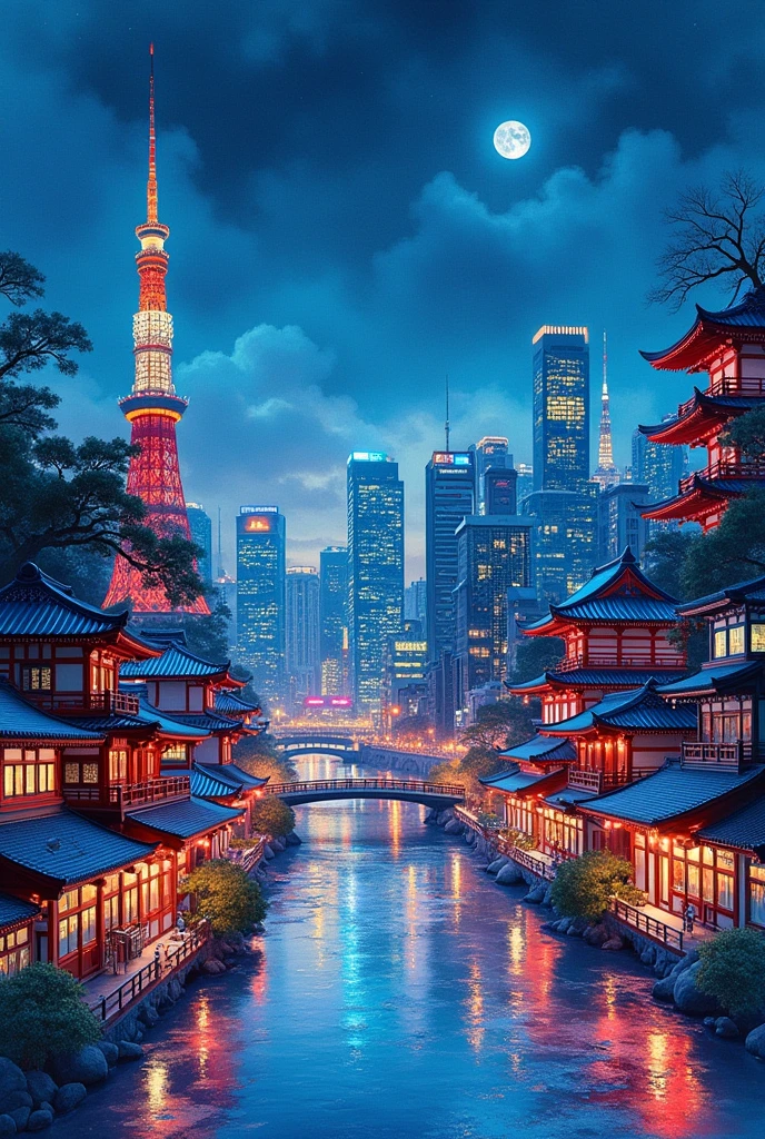 best quality, very good, 16,000, delicate and dynamic, Beautiful watercolor landscape painting, Beautiful red Tokyo at night, Modern and Retro, Pop and Classic, New and old, Learning from the past, (Great view:1.7) ,