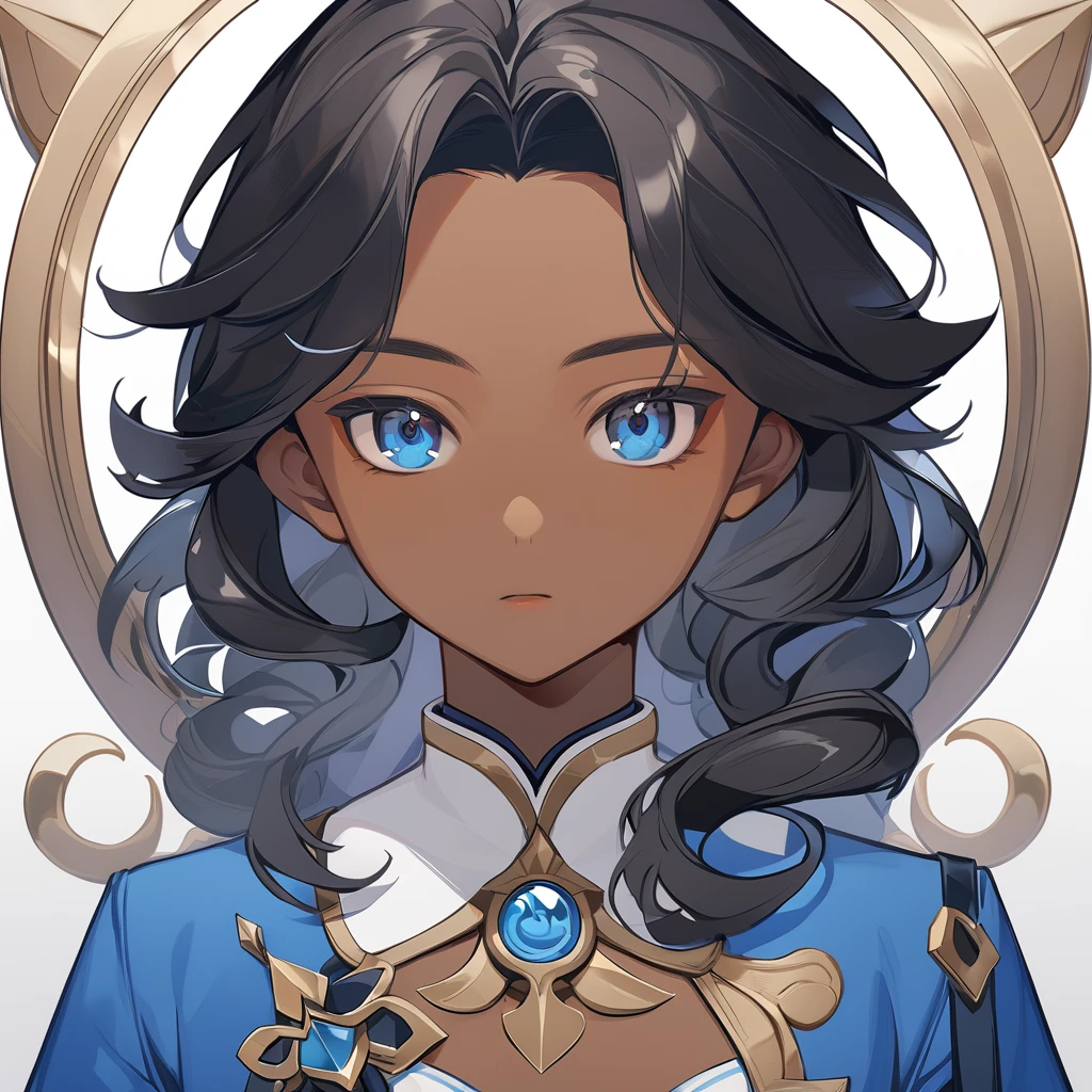 genshin impact art, bust and face image in focus, perfect image, maximum quality, detailed, male, young boy, long and curly hair, black hair, brown skin, blue eyes, blue clothes