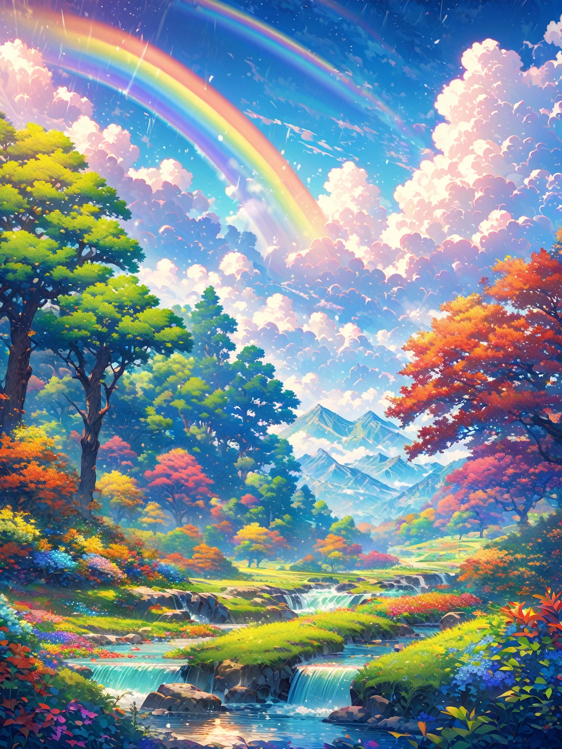 Classic anime style image of a very beautiful landscape with trees with leaves of different colors. very vivid colors, It is raining lightly but there is also a very bright sun which causes a very beautiful rainbow.. Detailed image of at least 4 megapixels. of the highest quality.