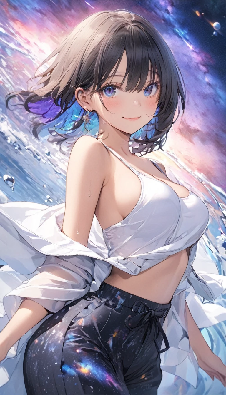 anime illustration, ((((highest quality)))), (((Ultra-precision CG 16K))), (((masterpiece))), BREAK skinny body, slender waist, medium Breasts, (((perky breasts))), ((sagging breasts)), (covered nipples), (((tanned skin, tan lines))) , BREAK (written in detail of face, smiling, blush, determined expression, sweaty , Heavy breathing, embarrassed, ) , (natural make), BREAK narrow eyes, (streaked hair, hair intakes, colored inner hair, ) BREAK (((wearing printed oversized clothing , wearing wide-leg-pants, breasts is covered by outfit, (detailed panty), Narrow aisles,))) , wearing earrings , BREAK ( stick breast out,) BREAK (( ripples , horizon , under the cosmic sky on the cosmic sea , cosmic effects, milky way, a girl blended into the background )), (((bustup shot, looking at viewer, extremely detailed eyes ))), BREAK ((cinematic , pinup magazine pose, dancing , scoop water with both hands