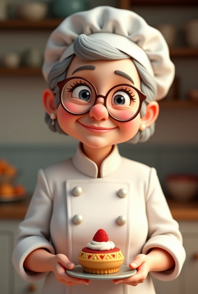Short grey haired lady wearing chef outfit and chef hat and glasses. Also a dessert in hand. 3D and tender, smiling