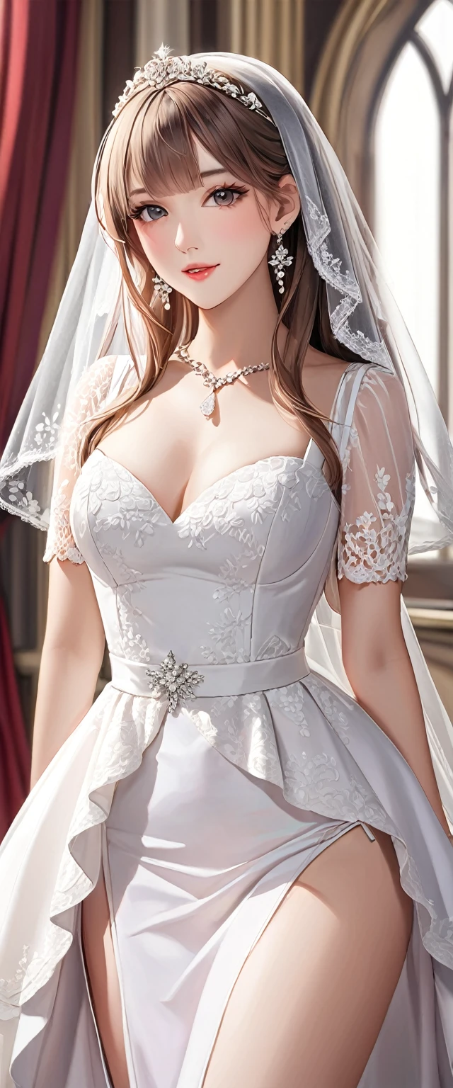 High resolution, adult woman , Sit on a chair、Dripping Sweat、good lighting, despicable, , (nudity), (((wedding dress))), ((veil)), ((())), (garter belt), abdomen only, (),  ,  cute face, I&#39;m embarrassed and blush, humiliating, ((turn around and look back)), ((See-through))()(T-back)(a large amount of  is on the body,)