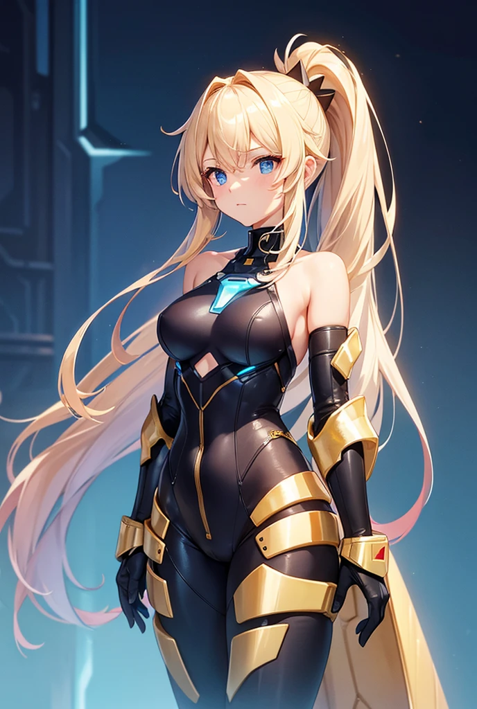 A beautiful girl wearing a high-necked bodysuit that fits snugly up to her neck(20th Generation)Equipped with shark-shaped robot armor Equipped with fin-shaped armor on arms Long hair in a side ponytail Hair color: soft gold