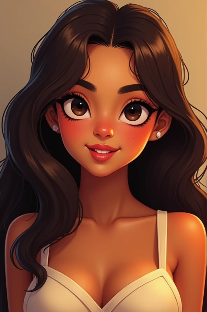 A girl Make a girl with these characteristics - Age: 19 years - Gender: Female - Face: Oval chubby - Skin tone: warm, brown - hair: long, wavy and dark brown - Eyes: big ones, dark, black slanted - Nose: Of average size and shape - Lips: Of a fleshy size - Ethnicity: Latina - Additional Features: natural marks on the face, brunette look - thin outlined eyebrows