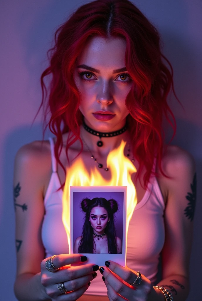 evanescence with red hair with brown eyes and piercings wearing a white tank burning a Polaroid of daenerys with purple eyes and black hair and purple space buns with dark circles under her eyes and piercings