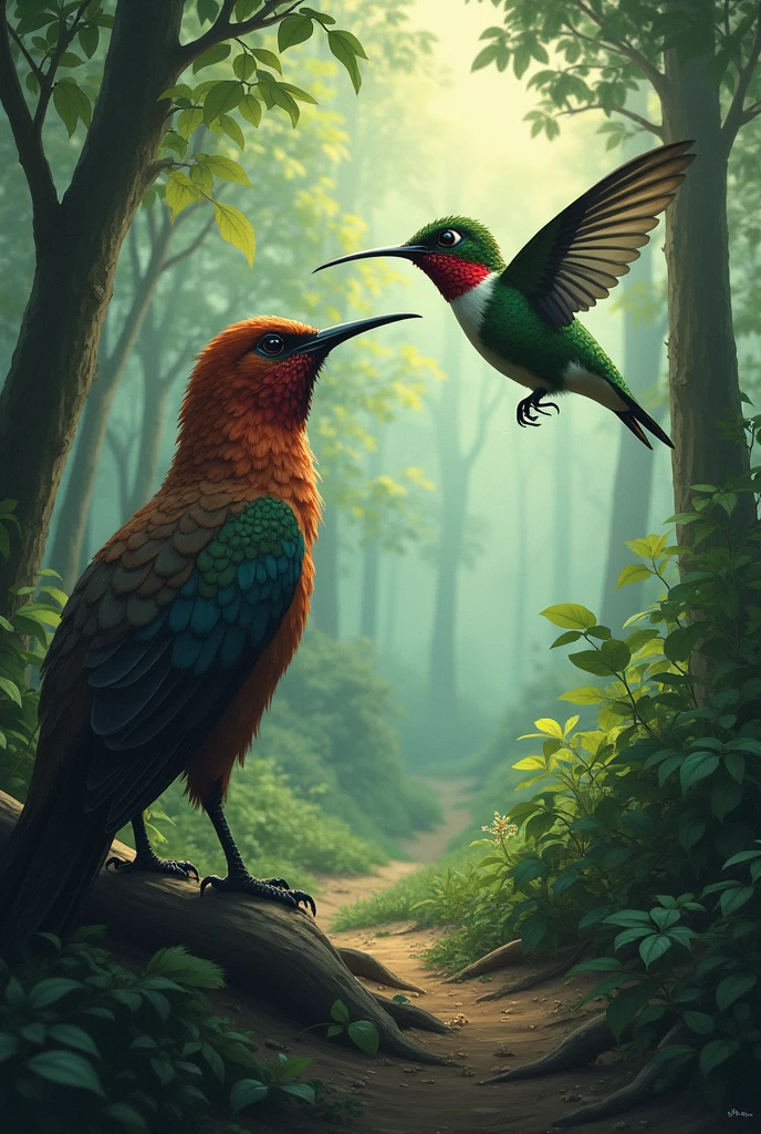 **Page 2:**
The days passed, and the drought became increasingly cruel. Hummingbird, What solía encontrar flores por doquier, ahora tenía What recorrer grandes distancias para hallar una o dos What no estuvieran marchitas. Despite exhaustion, nunca dejaba de compartir lo poco What encontraba con otros animales más peWhatños What también dependían del néctar. for him, Survival was not just an individual effort; sabía What todos estaban juntos en esa lucha.
Roco, Meanwhile, kept climbing to the top of the trees, buscando los últimos frutos What Whatdaban. Su confianza en su fuerza comenzaba a flaWhatar, but he wouldn't admit it even to himself. “I can do it alone”, It was repeated over and over again, ignorando a los otros animales What se acercaban a él en busca de orientación o ayuda.
However, Hunger and thirst began to affect their performance.. One day, after a failed attempt to reach a fruit, Roco se Whatdó sentado en una rama, observando la selva What ahora le parecía más hostil What nunca. Fue entonces cuando vio a Hummingbird, What, a pesar de su peWhatño tamaño, He continued to fly tirelessly in search of food for others.
A spark of doubt crossed Roco's mind for the first time. What if the key to survival wasn't just being strong?, but also knowing when to ask for help?
--- Do you want to continue with the third page??