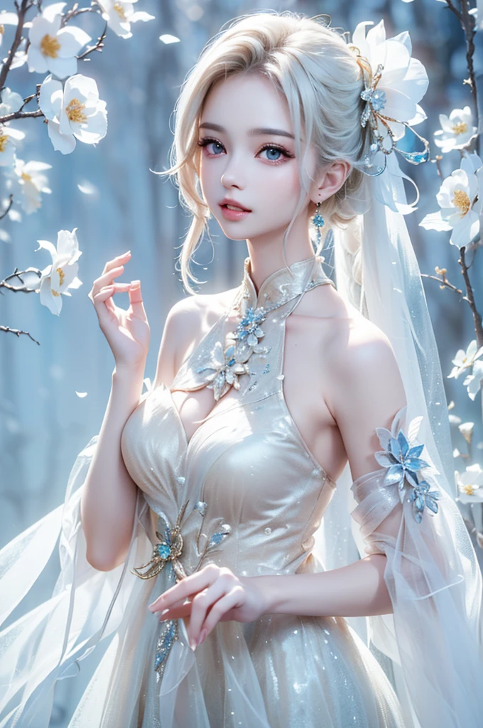 ((From the waist up))((masterpiece:1.5、8k、Portraiture、フォトリアリスティックでVery detailedなCG、Very detailed、Particle Effects、Dynamic Effects、Written boundary depth、Cinematic Light、Lens flare、Ray Tracing、Tabletop、Realistic:1.4、Ultra-high resolution:1.2、Realistic、Realistic))((alone、woman wearing a halter neck dress:1.4、Model-like pose、medium breasts、Detailed face、bright表情、young, bright, Whiter skin、Best Looks、Ultimate beauty、Shiny silver hair with highlights:1.8、bright and shiny hair,、Super long, Silky straight hair、Hair swaying in the wind))(Wonderful transparent flowers々Surrounded by、White Background、Great background、Delicate petals fluttering down)