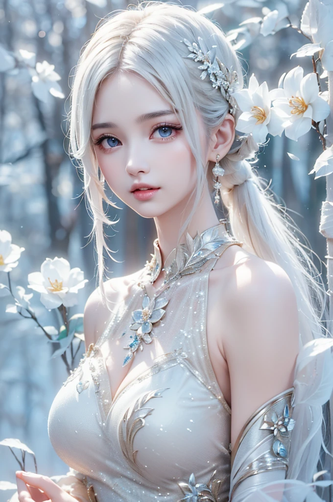 ((From the waist up))((masterpiece:1.5、8k、Portraiture、フォトリアリスティックでVery detailedなCG、Very detailed、Particle Effects、Dynamic Effects、Written boundary depth、Cinematic Light、Lens flare、Ray Tracing、Tabletop、Realistic:1.4、Ultra-high resolution:1.2、Realistic、Realistic))((alone、woman wearing a halter neck dress:1.4、Model-like pose、medium breasts、Detailed face、bright表情、young, bright, Whiter skin、Best Looks、Ultimate beauty、Shiny silver hair with highlights:1.8、bright and shiny hair,、Super long, Silky straight hair、Hair swaying in the wind))(Wonderful transparent flowers々Surrounded by、White Background、Great background、Delicate petals fluttering down)
