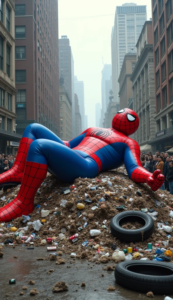 This image appears to show a large inflatable Spider-Man figure lying on a pile of trash, surrounded by a crowd of onlookers in what seems to be an urban setting. The image could be depicting a form of public art or a promotional stunt, possibly meant to comment on pollution or urban life.