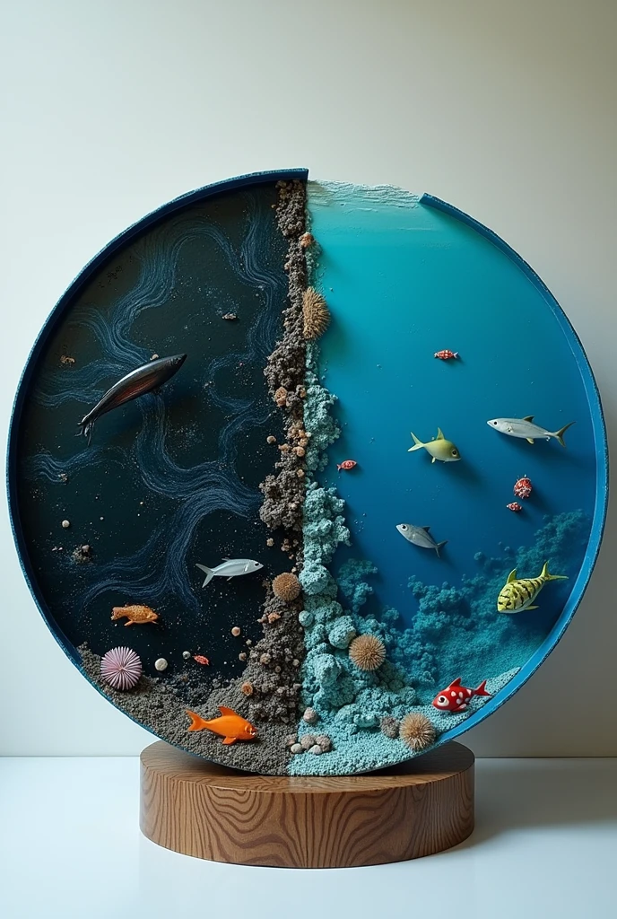 A circular model of ocean pollution by chemicals separated in the center showing a very dirty side contaminated by oil, gasoline and another very well maintained and clean