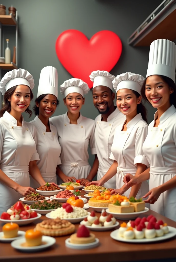 6 peoples, 4 women and 2 men wearing chef outfits standing around various sweet and savory foods with a red heart-shaped logo 