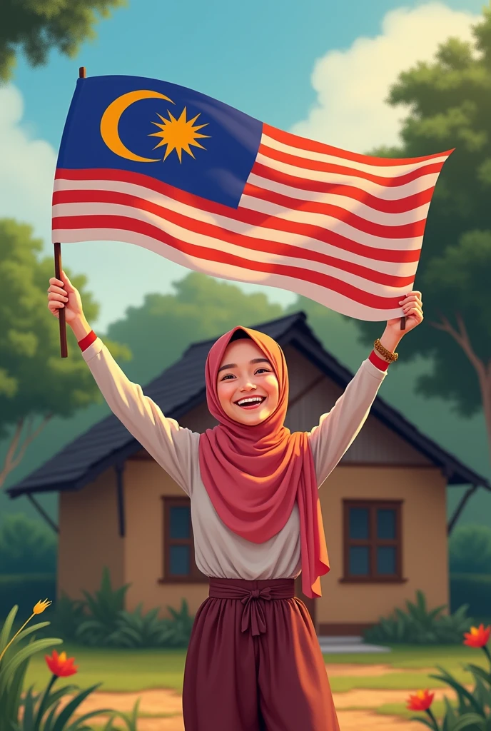 A hijabi 20 years old girl with sweet smile on her face waving Malaysian's flag proudly infront of her village's house