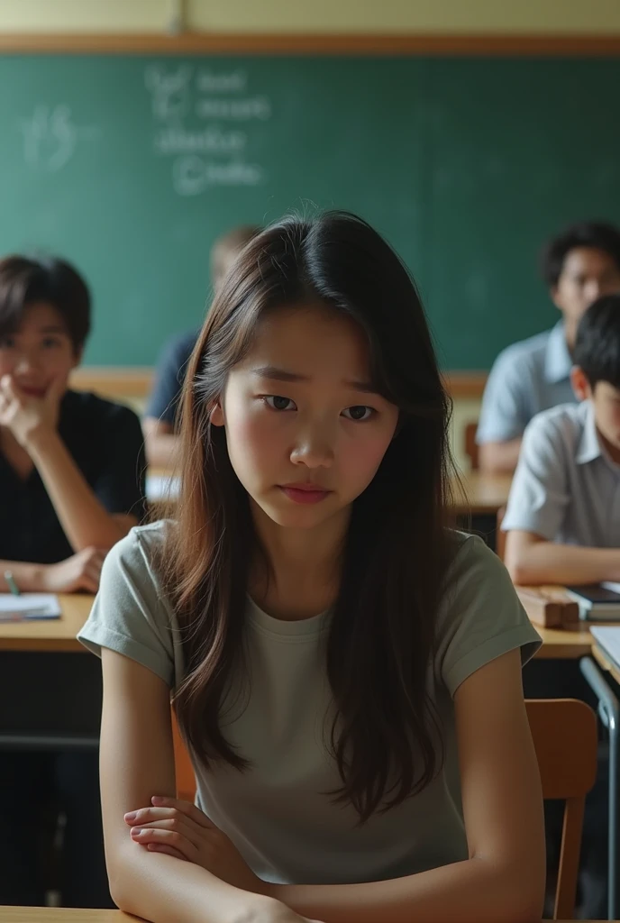 A young 20-year-old girl sitting at the back of the school classroom, sadly and crying, while her classmates criticize and mock her, realist