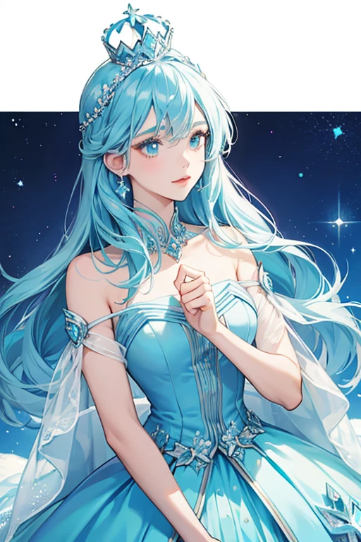 Grace. She wears a cyan ice queen dress and she also has an ice queen crown on her head. SPARKLE; GLITTER