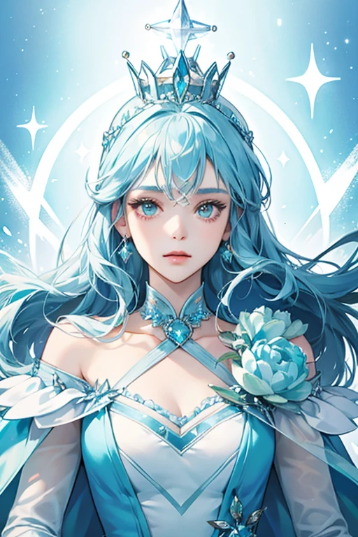 Grace. She wears a cyan ice queen dress and she also has an ice queen crown on her head. SPARKLE; GLITTER