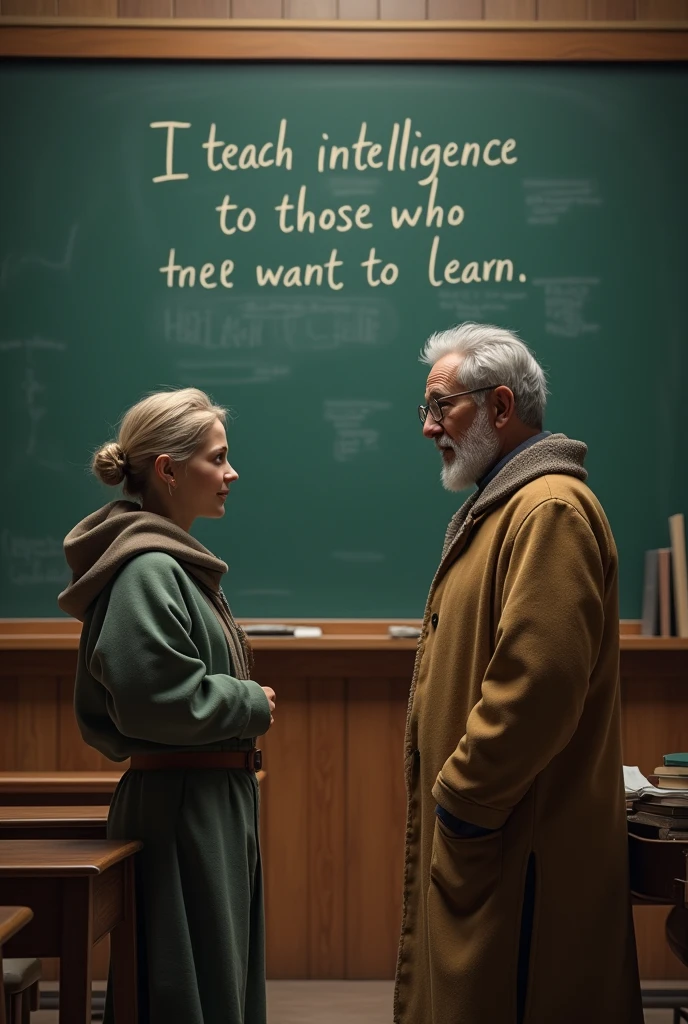 Create a 4k image of a teacher and a student and in the background write on the board that you teach intelligence to those who want to learn.