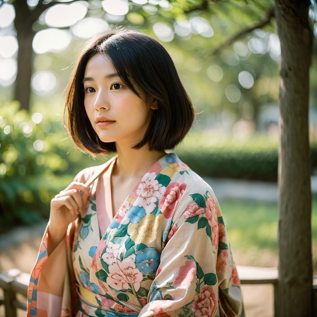 A hyper-realistic image of a single Japanese woman in her early 20s, captured from the shoulders up with the nostalgic warmth and subtle graininess of a film camera. She is wearing a traditional yukata with a vibrant, cute design featuring bold and colorful floral patterns such as cherry blossoms and peonies in shades of pink, red, and lavender, set against a soft pastel background. The obi is elegantly tied with a complementary color, adding a playful touch. The fabric of the yukata appears naturally lightweight, with visible folds and textures that enhance its realism, draping gracefully over her shoulders. Her skin, seen clearly from the shoulders up, has a warm beige tone with a highly realistic, slightly rough texture, showcasing visible pores, fine lines, and minor blemishes, along with subtle unevenness, such as delicate dryness around the cheeks and small natural shadows under the eyes. The lighting is soft and subdued, replicating the gentle, diffused natural light of an overcast day or early evening, creating realistic shadows across her face. These shadows subtly contour her cheekbones, nose, and jawline, adding depth and dimension to her facial features, enhancing the lifelike quality of her skin texture. Her straight, glossy black hair frames her face naturally, slightly tousled, adding to the authenticity of her look. Her deep brown eyes reflect the ambient light, providing depth and a natural, lifelike shine. The film camera effect introduces a noticeable grain and a soft focus, giving the image a warm, nostalgic atmosphere while maintaining the raw, lifelike quality of her skin. The composition is centered solely on her, capturing her serene and understated elegance, focusing closely on the detailed textures of the yukata and the authentic, natural skin texture, with dynamic lighting and shadow play that mimics a real-life photograph.