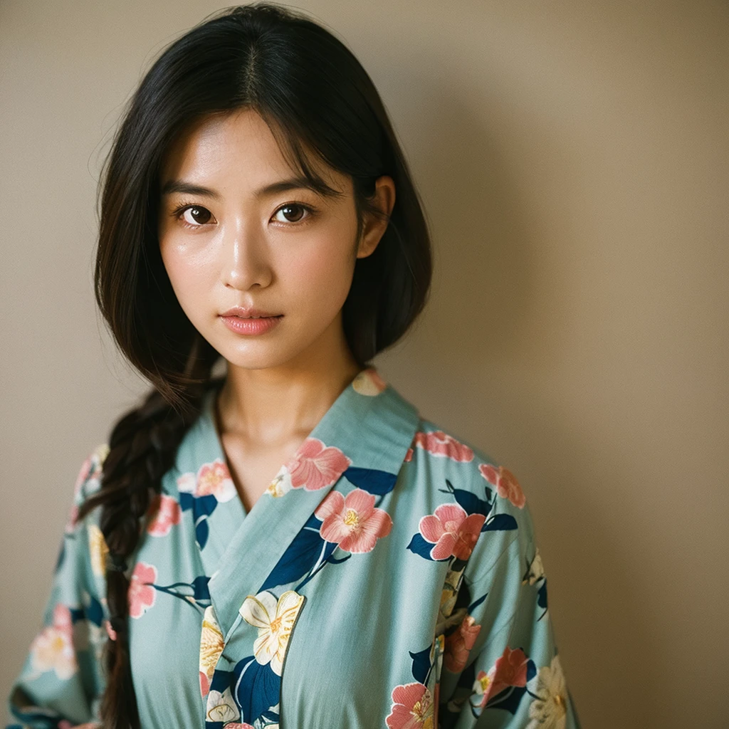 A hyper-realistic image of a single Japanese woman in her early 20s, captured from the shoulders up with the nostalgic warmth and subtle graininess of a film camera. She is wearing a traditional yukata with a vibrant, cute design featuring bold and colorful floral patterns such as cherry blossoms and peonies in shades of pink, red, and lavender, set against a soft pastel background. The obi is elegantly tied with a complementary color, adding a playful touch. The fabric of the yukata appears naturally lightweight, with visible folds and textures that enhance its realism, draping gracefully over her shoulders. Her skin, seen clearly from the shoulders up, has a warm beige tone with a highly realistic, slightly rough texture, showcasing visible pores, fine lines, and minor blemishes, along with subtle unevenness, such as delicate dryness around the cheeks and small natural shadows under the eyes. The lighting is soft and subdued, replicating the gentle, diffused natural light of an overcast day or early evening, creating realistic shadows across her face. These shadows subtly contour her cheekbones, nose, and jawline, adding depth and dimension to her facial features, enhancing the lifelike quality of her skin texture. Her straight, glossy black hair frames her face naturally, slightly tousled, adding to the authenticity of her look. Her deep brown eyes reflect the ambient light, providing depth and a natural, lifelike shine. The film camera effect introduces a noticeable grain and a soft focus, giving the image a warm, nostalgic atmosphere while maintaining the raw, lifelike quality of her skin. The composition is centered solely on her, capturing her serene and understated elegance, focusing closely on the detailed textures of the yukata and the authentic, natural skin texture, with dynamic lighting and shadow play that mimics a real-life photograph.