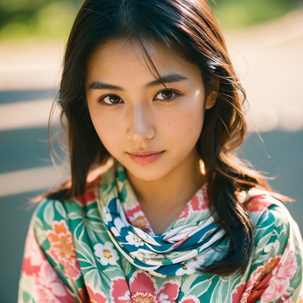 A hyper-realistic image of a single Japanese woman in her early 20s, captured from the shoulders up with the nostalgic warmth and subtle graininess of a film camera. She is wearing a traditional yukata with a vibrant, cute design featuring bold and colorful floral patterns such as cherry blossoms and peonies in shades of pink, red, and lavender, set against a soft pastel background. The obi is elegantly tied with a complementary color, adding a playful touch. The fabric of the yukata appears naturally lightweight, with visible folds and textures that enhance its realism, draping gracefully over her shoulders. Her skin, seen clearly from the shoulders up, has a warm beige tone with a highly realistic, slightly rough texture, showcasing visible pores, fine lines, and minor blemishes, along with subtle unevenness, such as delicate dryness around the cheeks and small natural shadows under the eyes. The lighting is soft and subdued, replicating the gentle, diffused natural light of an overcast day or early evening, creating realistic shadows across her face. These shadows subtly contour her cheekbones, nose, and jawline, adding depth and dimension to her facial features, enhancing the lifelike quality of her skin texture. Her straight, glossy black hair frames her face naturally, slightly tousled, adding to the authenticity of her look. Her deep brown eyes reflect the ambient light, providing depth and a natural, lifelike shine. The film camera effect introduces a noticeable grain and a soft focus, giving the image a warm, nostalgic atmosphere while maintaining the raw, lifelike quality of her skin. The composition is centered solely on her, capturing her serene and understated elegance, focusing closely on the detailed textures of the yukata and the authentic, natural skin texture, with dynamic lighting and shadow play that mimics a real-life photograph.]