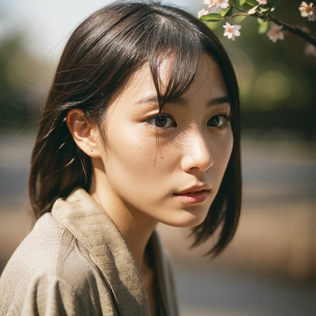 A hyper-realistic image of a single Japanese woman in her early 20s, captured from the shoulders up with the nostalgic warmth and subtle graininess of a film camera. She is wearing a traditional yukata with a vibrant, cute design featuring bold and colorful floral patterns such as cherry blossoms and peonies in shades of pink, red, and lavender, set against a soft pastel background. The obi is elegantly tied with a complementary color, adding a playful touch. The fabric of the yukata appears naturally lightweight, with visible folds and textures that enhance its realism, draping gracefully over her shoulders. Her skin, seen clearly from the shoulders up, has a warm beige tone with a highly realistic, slightly rough texture, showcasing visible pores, fine lines, and minor blemishes, along with subtle unevenness, such as delicate dryness around the cheeks and small natural shadows under the eyes. The lighting is soft and subdued, replicating the gentle, diffused natural light of an overcast day or early evening, creating realistic shadows across her face. These shadows subtly contour her cheekbones, nose, and jawline, adding depth and dimension to her facial features, enhancing the lifelike quality of her skin texture. Her straight, glossy black hair frames her face naturally, slightly tousled, adding to the authenticity of her look. Her deep brown eyes reflect the ambient light, providing depth and a natural, lifelike shine. The film camera effect introduces a noticeable grain and a soft focus, giving the image a warm, nostalgic atmosphere while maintaining the raw, lifelike quality of her skin. The composition is centered solely on her, capturing her serene and understated elegance, focusing closely on the detailed textures of the yukata and the authentic, natural skin texture, with dynamic lighting and shadow play that mimics a real-life photograph.]