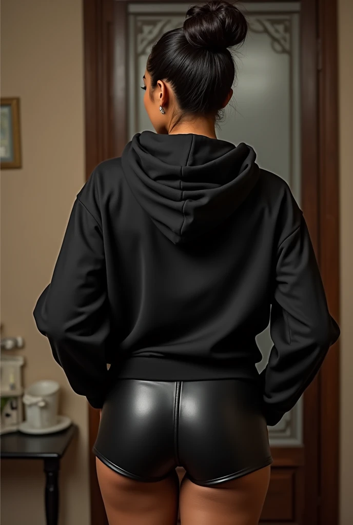 black woman hair in a bun black hoodie black leather short shorts being fucked in the ass by a old grandma in a dress