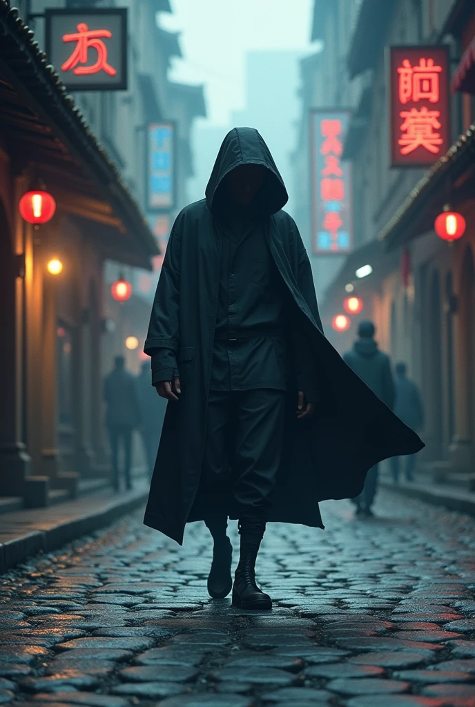 A character in human form, with a simple but modern outfit, fight against a dark and threatening shadow that represents an action verb. The setting is a mix of ancient stone streets with modern neon lights flashing on the buildings..
