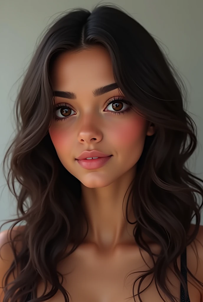 A real girl Make a girl with these characteristics - Age: 19 years - Gender: Female - Face: Oval chubby - Skin tone: warm, brown - hair: long, wavy and dark brown - Eyes: big ones, dark, black slanted - Nose: Of average size and shape - Lips: Of a fleshy size - Ethnicity: Latina - Additional Features:  natural marks on the face, brunette look - thin outlined eyebrows