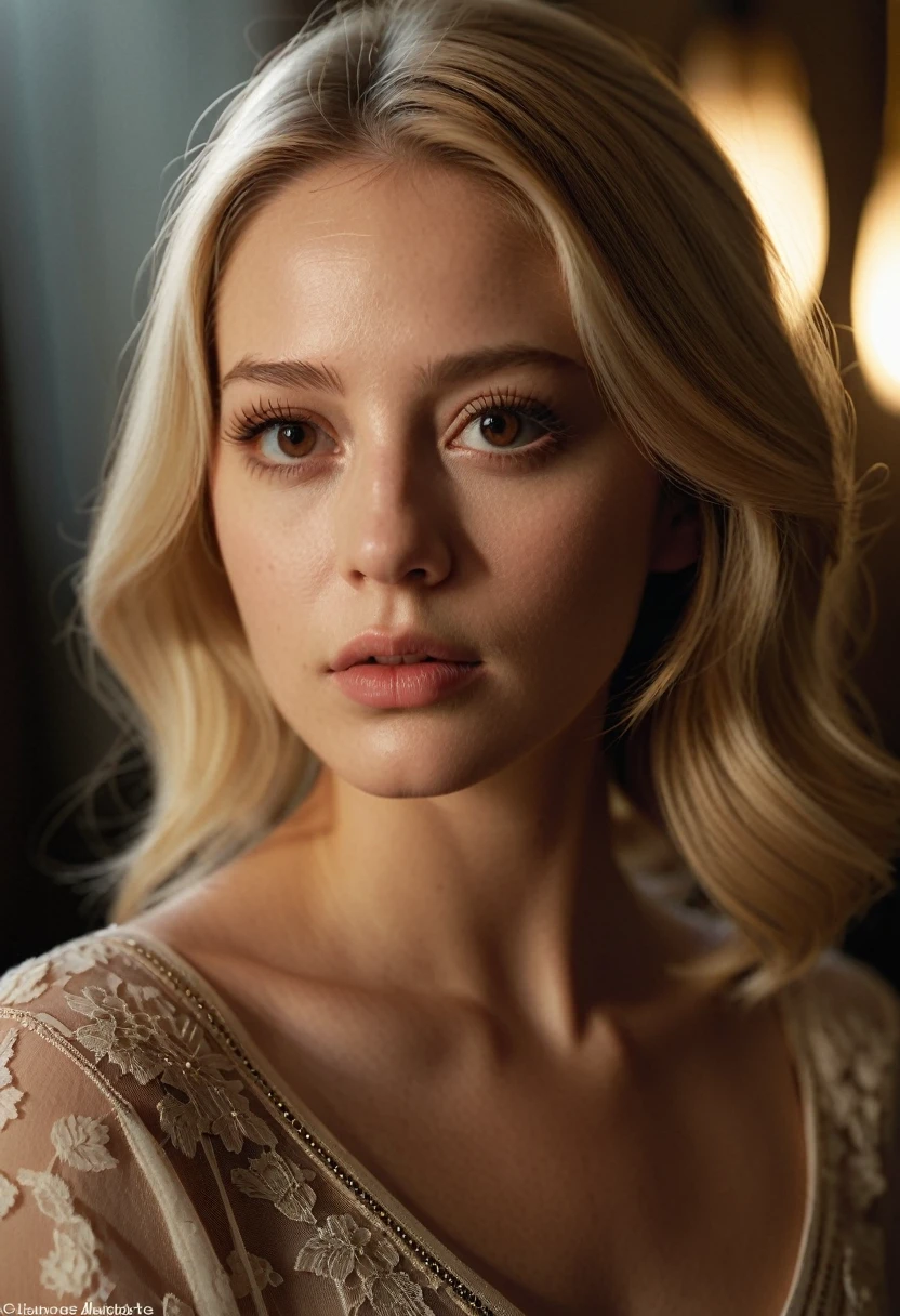 full lenght, Laurence Arné, detailed face, blond, beautiful brown eyes, long eyelashes, elegant expression, delicate lips, detailed skin, less clothes, natural lighting, high quality, 8k, photorealistic, intricate details, chiaroscuro lighting, dramatic lighting, cinematic composition, ethereal, dreamlike, french beauty