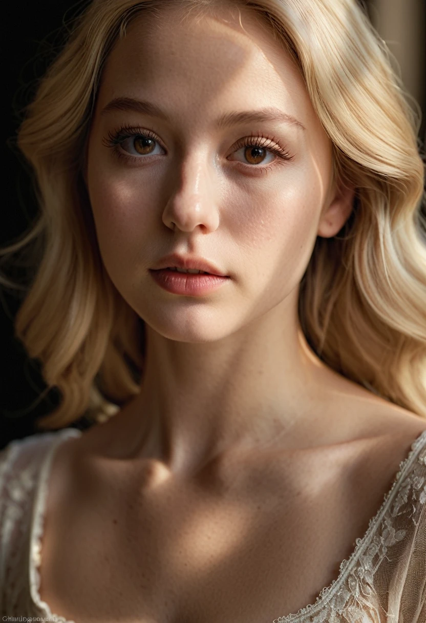 full lenght, Laurence Arné, detailed face, blond, beautiful brown eyes, long eyelashes, elegant expression, delicate lips, detailed skin, less clothes, natural lighting, high quality, 8k, photorealistic, intricate details, chiaroscuro lighting, dramatic lighting, cinematic composition, ethereal, dreamlike, french beauty