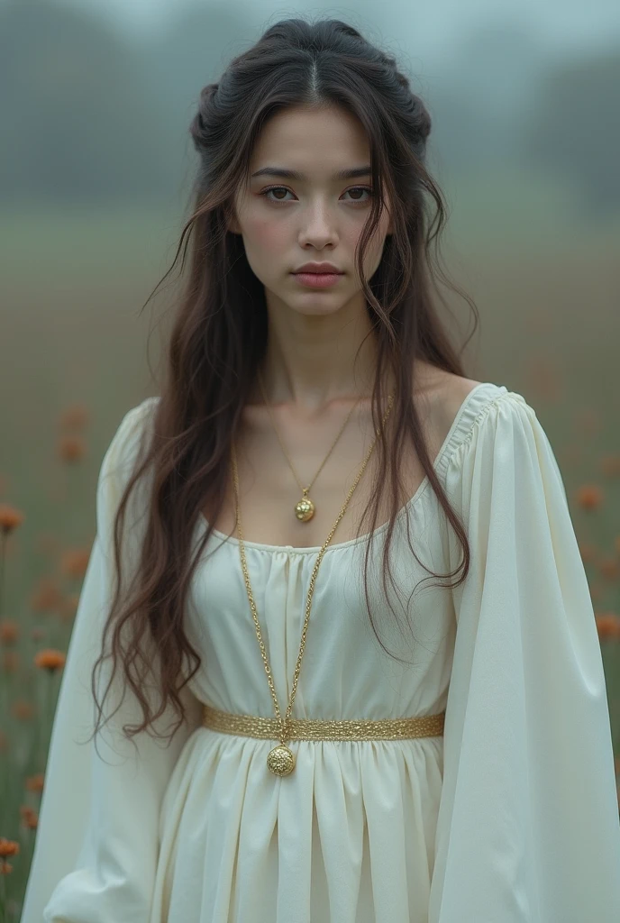 A light-skinned woman, almond shaped brown eyes with straight, long hair down to her waist. He wears white medieval clothing and a gold chain around his neck.. It&#39;s not that pretty, but go beyond pure air 