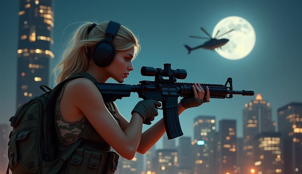 Realistic、Photorealistic、Realistic skin texture、Photo quality、high resolution、High definition、Beautiful arabian girl、The upper body is wearing a camouflage bra top.、Manhattan night view、Very beautiful 1 female soldier、Carrying a military backpack、Wearing a bulletproof vest、Aiming an automatic rifle、Holding a realistic sniper rifle、Blond medium-long hair fluttering in the wind、Wearing an intercom headset、Young face、A military helicopter flies in the sky、The background is a skyscraper district、Smoky battlefield、The background is the night sky、A huge full moon in the center of the sky、The person is a full-body angle、Watching the audience