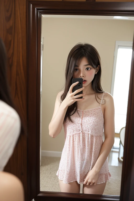 A girl looking in a mirror seeing yourself. She's really surprised and embarrassed