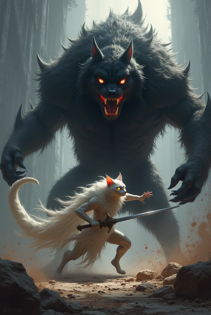 The white human body cat warrior fights with a black human body giant dog and killed him with his sword
