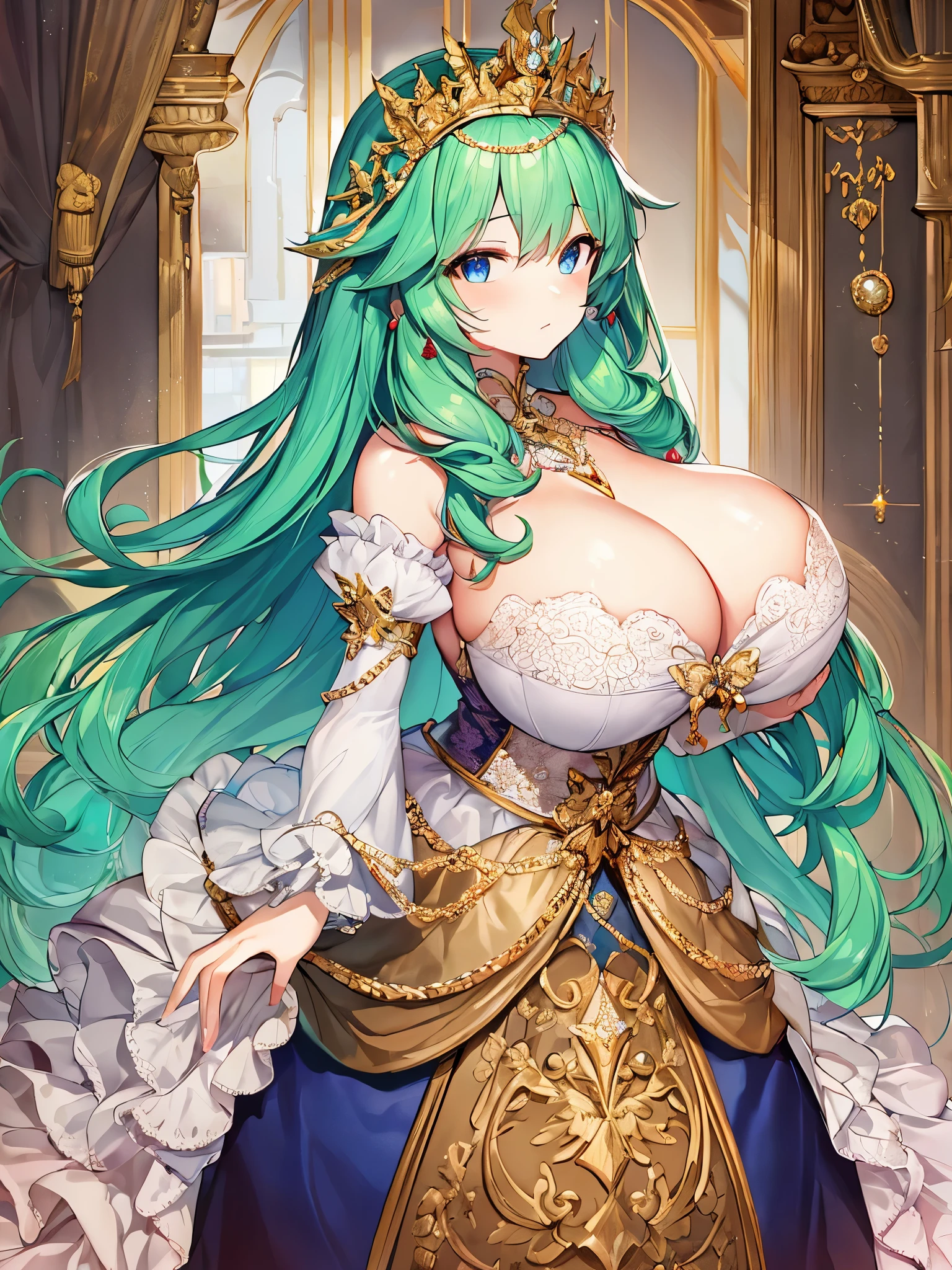 moe anime artstyle,Masterpiece,Best Quality,Super Detail,(Very Delicate and Beautiful),Solo,full body,((full body)),absurdly gigantic breast,(((1 princess in beautiful embroidery and jeweled gorgeous rococo ballgown with voluminous full length crinoline hoop skirt))),(((absurdly gigantic tits,absurdly gigantic breast))),deep cleavage,curvy,Skindentation,((detailed face and eyes)),jewel-like eyes,((crinoline,long train)),beautiful embroidery and jeweled rococo ballgown with voluminous full length crinoline hoop skirt,voluminous rococo ballgown with voluminous full length crinoline hoop skirt,((bling-bling voluminous rococo princess ballgown with voluminous full length crinoline hoop skirt)),((absurdly long Straight hair)),extremely gorgeous hair ornament,((extremely gorgeous big tiara)),luxurious jewelry,(((beautiful embroidery and jeweled gorgeous rococo ballgown with voluminous full length crinoline hoop skirt))),(absurdly gigantic tits,absurdly gigantic breast),(((indoor,bedroom))),Looking at viewer,((full body))