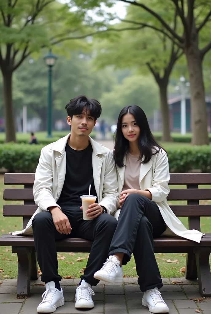 A pair of young Indonesian men and women, bright black hair, wearing a black t-shirt and white leather jacket. long cargo pants,pose,looking at the camera, white sneakers, sitting on a bench in a city park. I'm drinking iced boba cappuccino.Realistic original photo