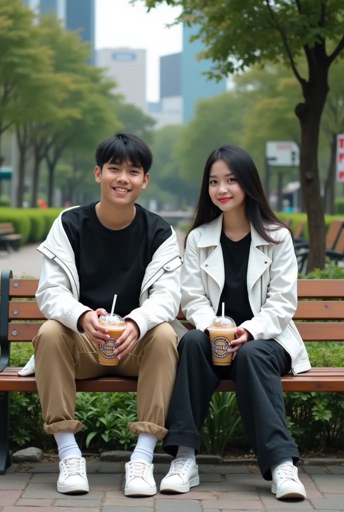 A pair of young Indonesian men and women, bright black hair, wearing a black t-shirt and white leather jacket. long cargo pants,pose,looking at the camera, white sneakers, sitting on a bench in a city park. I'm drinking iced boba cappuccino.Realistic original photo