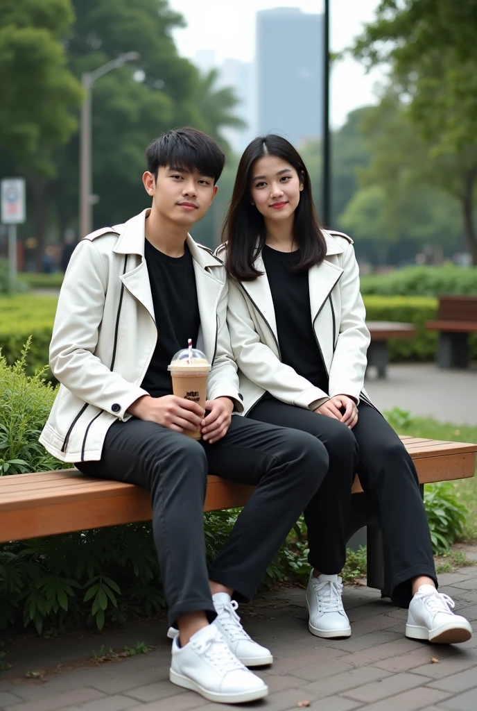 A pair of young Indonesian men and women, bright black hair, wearing a black t-shirt and white leather jacket. long cargo pants,pose,looking at the camera, white sneakers, sitting on a bench in a city park. I'm drinking iced boba cappuccino.Realistic original photo