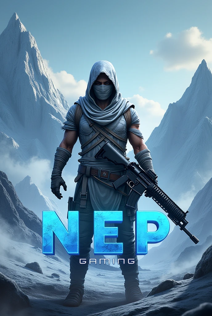 A logo where pubg mummy set is standing holding m416 gun in glacier form . Below pubg mummy set
NEP Gaming with a glow effect