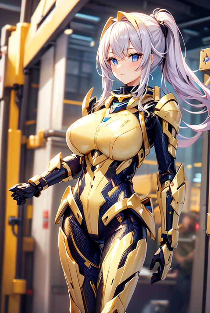 A beautiful girl wearing a high-necked bodysuit that fits snugly up to her neck(20th Generation)Equipped with shark-shaped robot armor Equipped with fin-shaped armor on arms Long hair in a side ponytail Hair color: soft gold