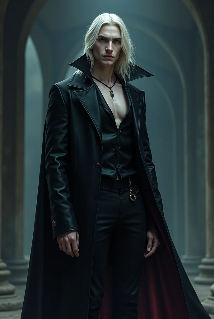 A tall man with white skin, straight blond hair, blue eyes, a sexy, elegant, muscular body, a vampire 