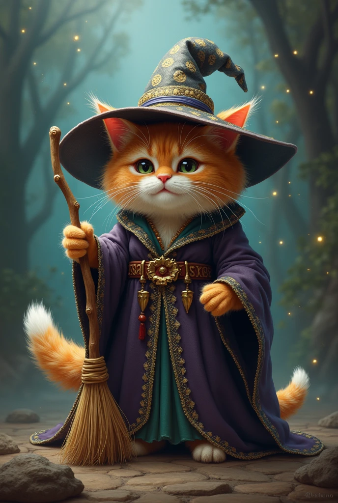 there is a cat dressed as a wizard holding a broom, wizard hat cinematic lighting, adorable digital painting, Fantasy art Behance, detailed digital art , cat witch, super math wizard cat, highly detailed digital art in 4k, oil painting of cat witch, furry fantasy art, Illustrates??realistic fantasy, spell casting wizard, casting spells, cute digital art