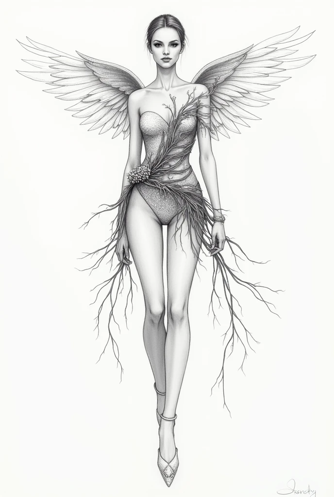 Create an outfit for a fashion show with the following theme and inspiration pencil drawing style as a sketch of a drawing of a fashion outfit a little drawing style a little simple in drawing style and more elaborate in the style of the outfit now to finish do it in the style of a sketch of a drawing of a dress/fashion clothing made by a human being make a little more elaborate in the style of the clothing:
theme: Roots and Wings Inspiration: This concept explores the duality between the roots that keep us anchored and the wings that allow us to fly.. The piece symbolizes the importance of recognizing our origins as we seek freedom and personal growth..