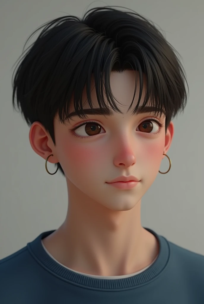 A young white man with a round face, bearded man with full eyebrows , brown downcast eyes, and straight hair with a gradient cut to the front with black bangs. Wearing a plain blue outfit. 1 wearing an earring in her left ear.